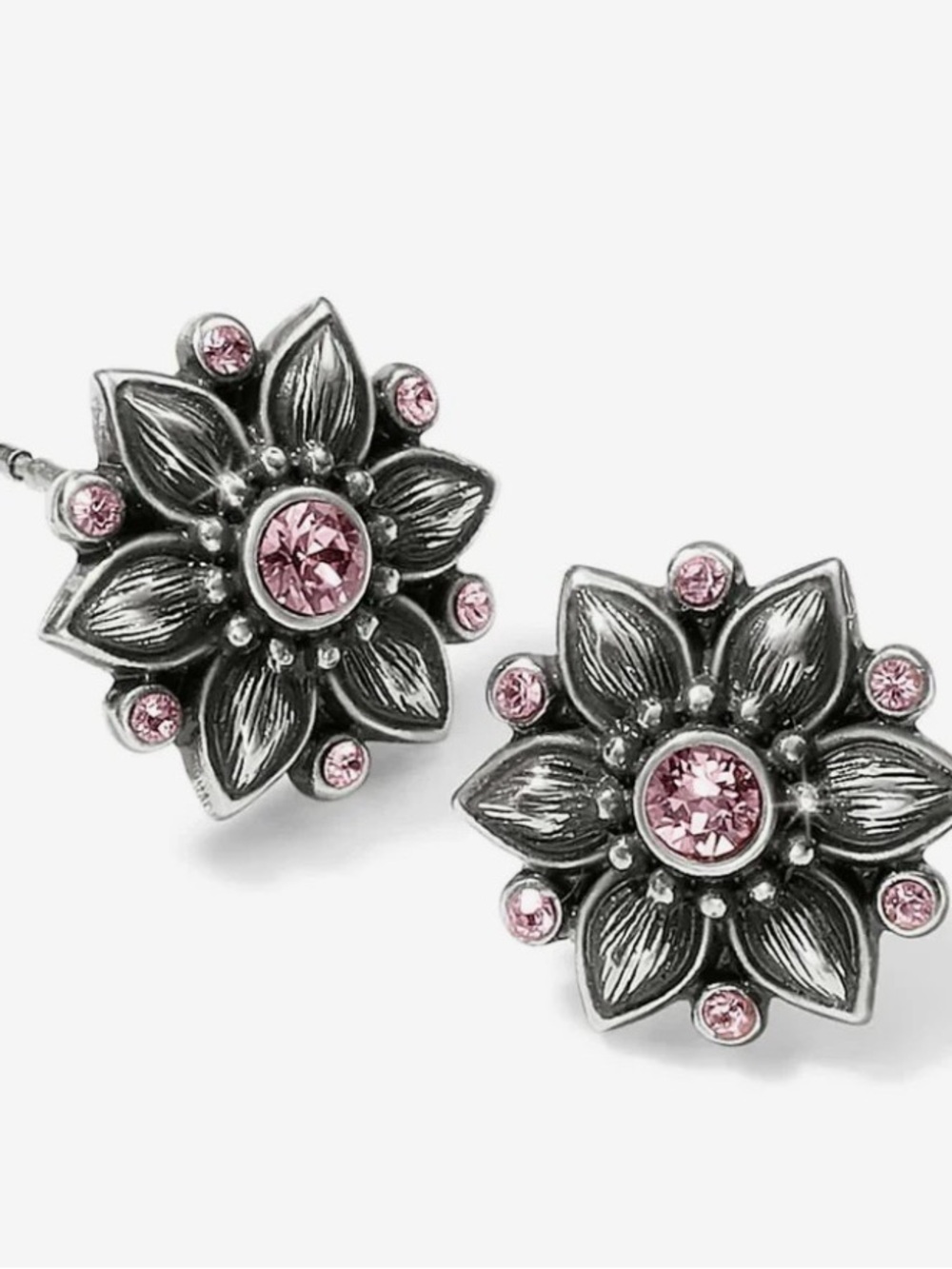 Brighton Silver Floral Stud Earrings with Pink Crystals - Women Jewelry